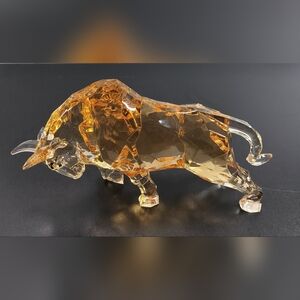 Crystal Bull Figurine in Amber and Clear The Top Of The Neck It's Cracked